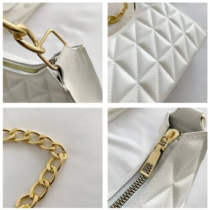 Sac matelassé blanc avec chaîne dorée et fermeture éclair., 46193937350880,46193937383648,46193937416416