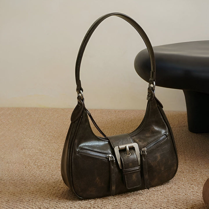 Sac épaule en cuir marron foncé style baguette avec zips, 46193944264928