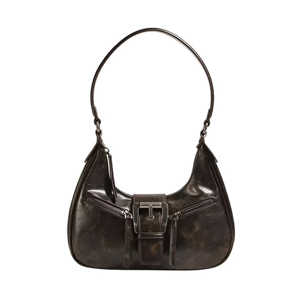 Sac à épaule marron foncé avec boucle et poches zippées, 46193944264928