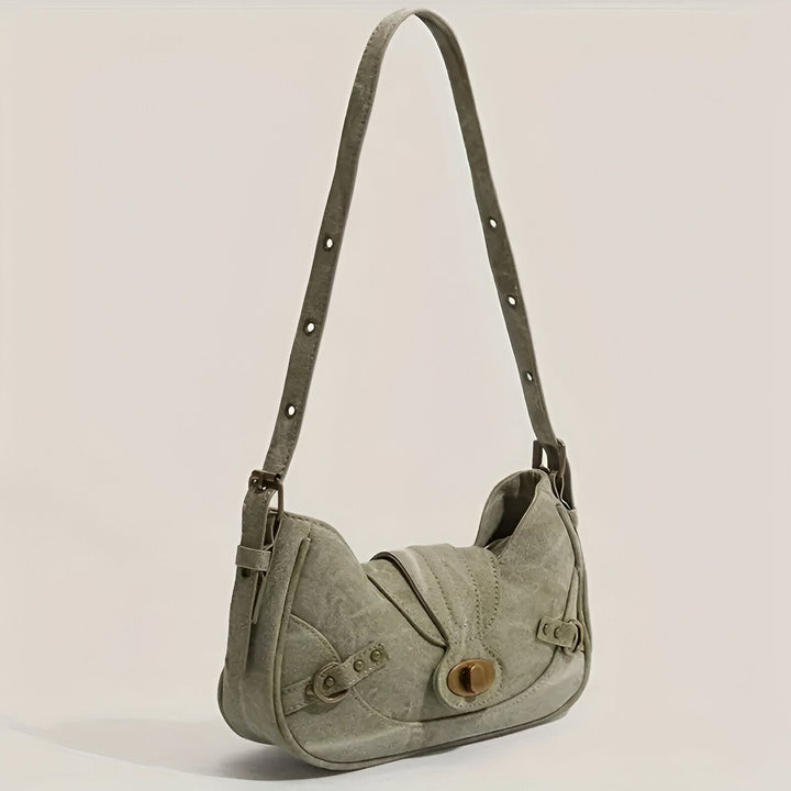 Sac bandoulière gris effet cuir vieilli avec anse réglable et fermoir doré., 46193944166624