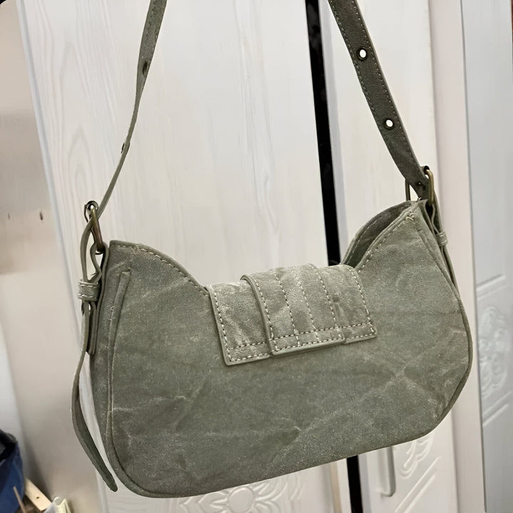 Sac à main en suède gris-vert avec rabat et bandoulière ajustable, 46193944166624