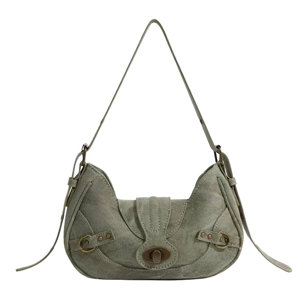 Sac à main gris-vert en tissu avec bandoulière, rabat et boucles, 46193944166624