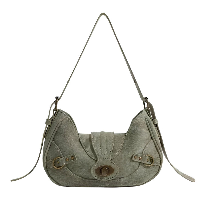 Sac à main gris-vert en tissu avec bandoulière, rabat et boucles, 46193944166624