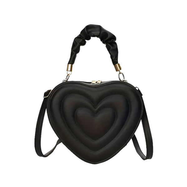 Sac noir en forme de cœur matelassé avec anse froncée et bandoulière., 46193876402400,46193876435168,46193876467936,46193876500704
