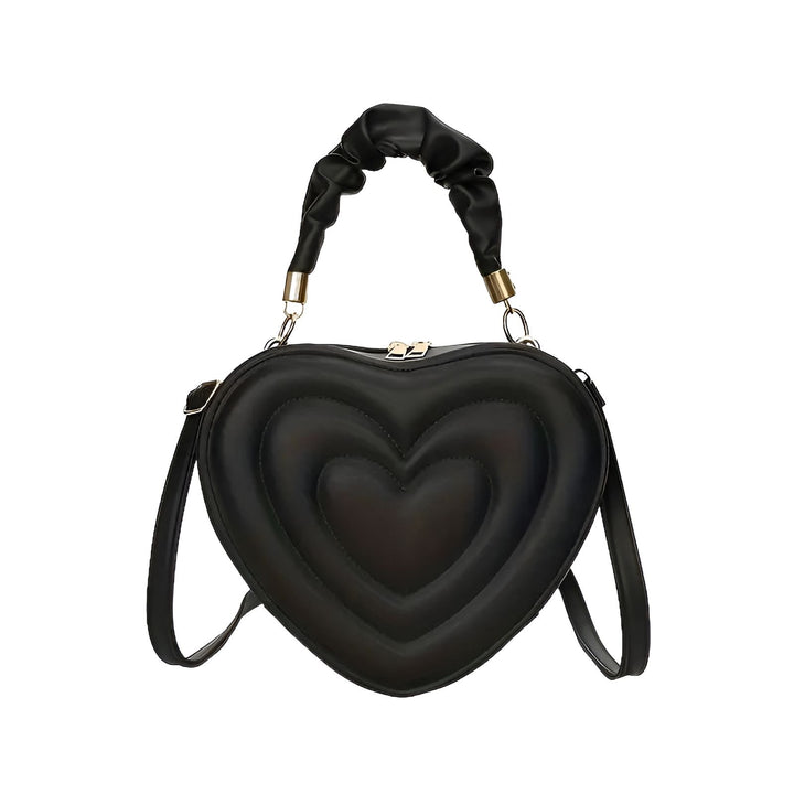 Sac noir en forme de cœur matelassé avec anse froncée et bandoulière., 46193876402400,46193876435168,46193876467936,46193876500704