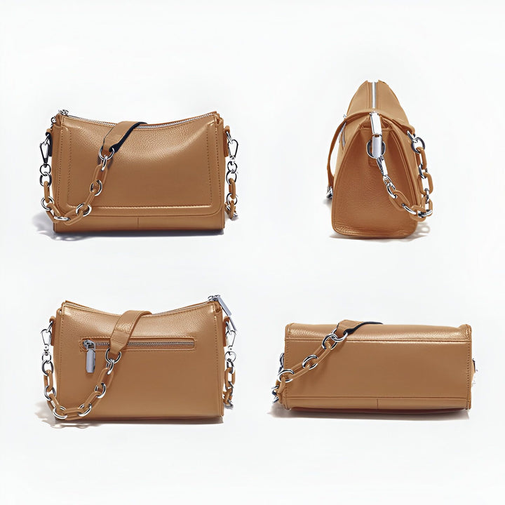 Sac à main camel en cuir texturé avec anse chaîne., 46193851498720