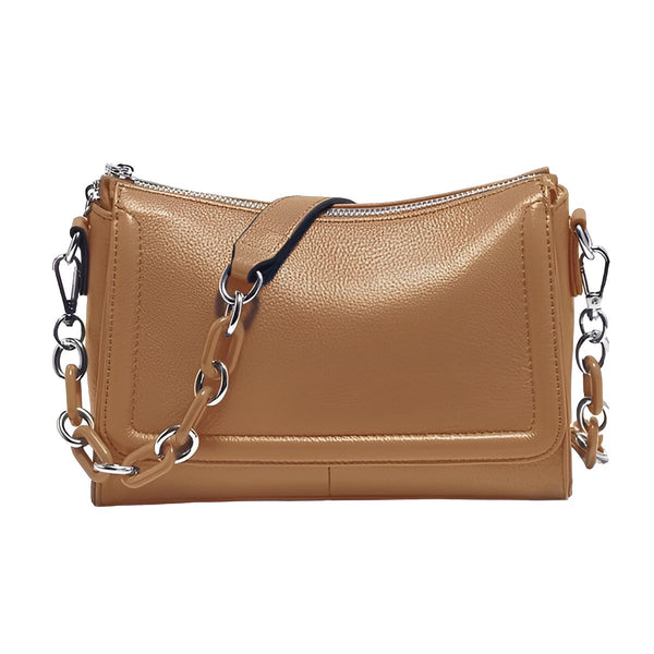 Sac bandoulière en cuir camel avec chaînes, 46193851498720
