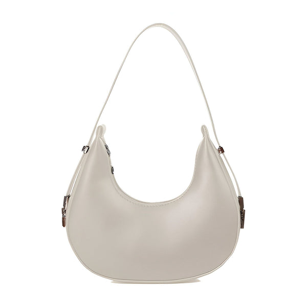 Sac à main blanc lisse forme croissant avec bandoulière fine et détails métalliques., 46193940398304,46193940463840,46193940496608,46193940529376