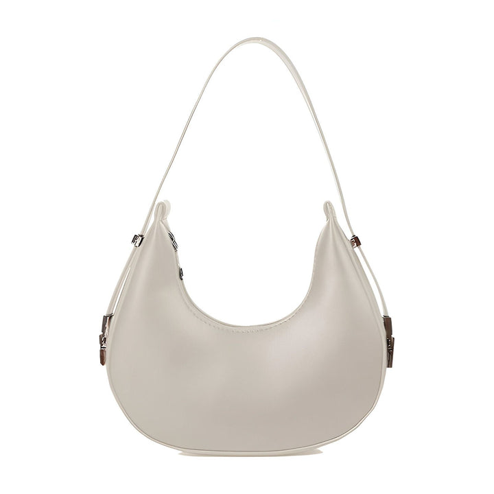 Sac à main blanc lisse forme croissant avec bandoulière fine et détails métalliques., 46193940398304,46193940463840,46193940496608,46193940529376