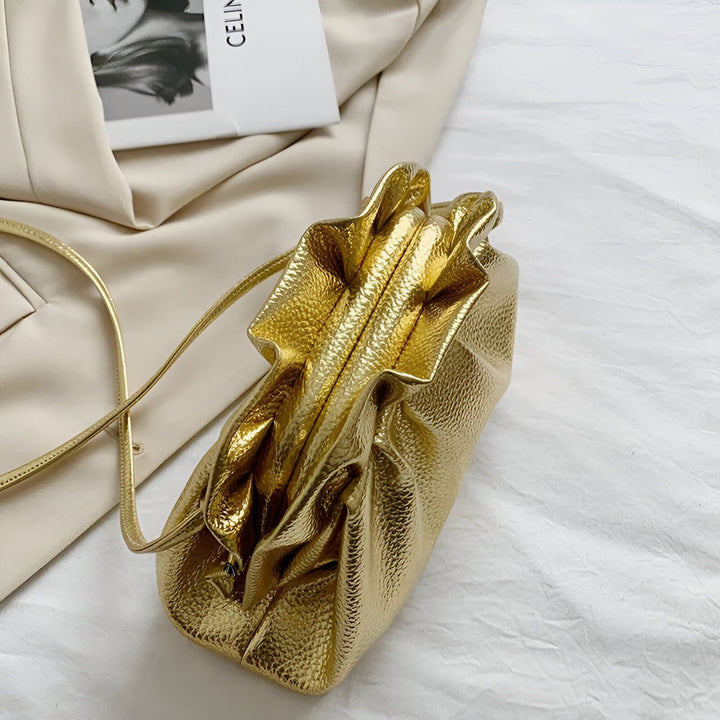 Sac pochette dorée métallique texturée avec fronces, 46194047975648