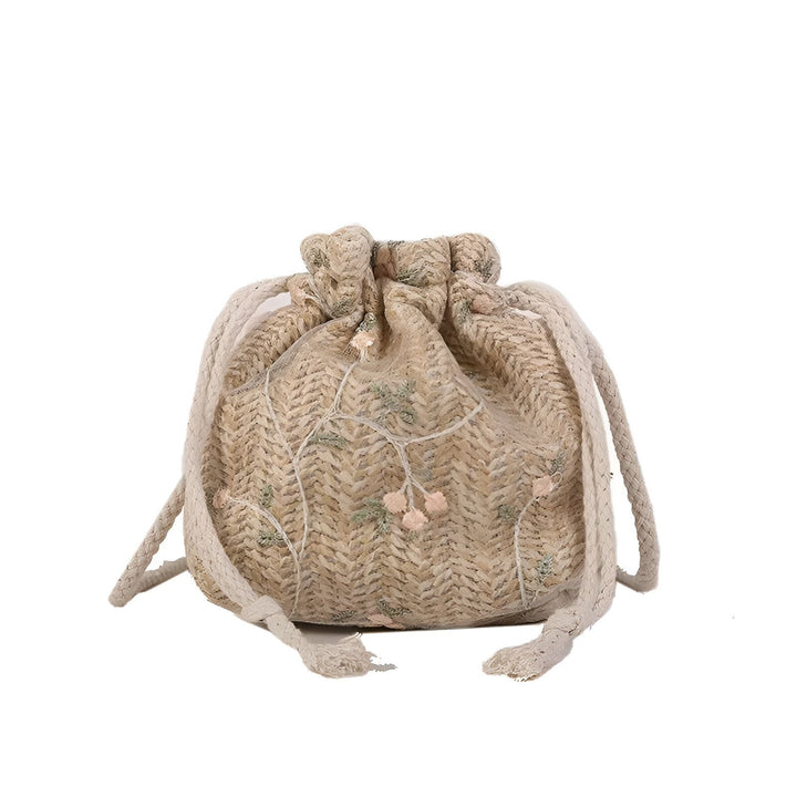 Petit sac bourse en paille tressée avec cordon et broderies de fleurs et feuilles., 46193944494304,46193944527072,46193944559840