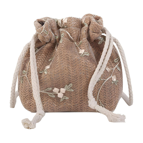Petit sac bourse marron à cordon brodé de fleurs blanches et vertes, 46193944494304,46193944527072,46193944559840