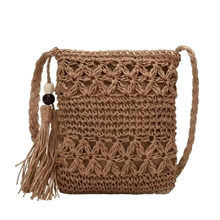 Sac bandoulière tressé beige avec motif floral, pompon et perles., 46193924407520,46193924473056