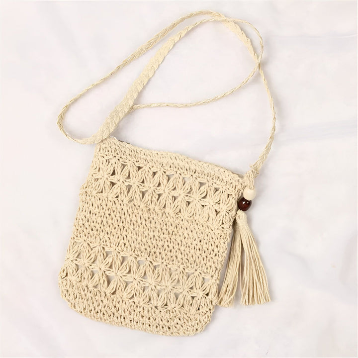 Sac bandoulière en crochet beige avec pompon et perle en bois, 46193924407520,46193924473056