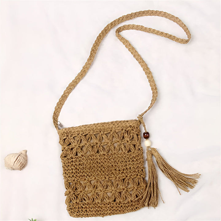 Sac bandoulière en paille marron clair au motif floral ajouré et pompon à perles., 46193924407520,46193924473056