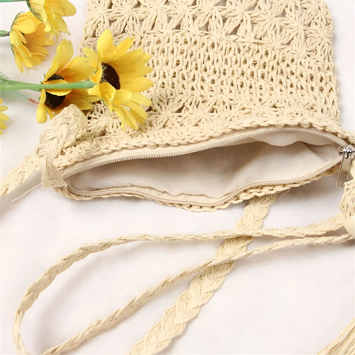 Sac en raphia beige tressé avec fermeture éclair et décor de tournesols., 46193924407520,46193924473056