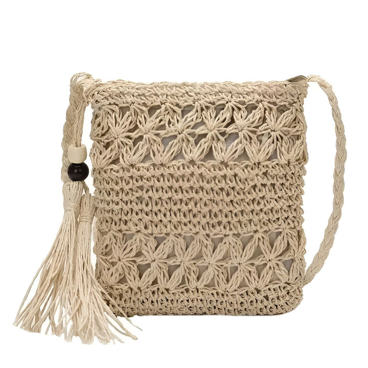 Sac bandoulière tressé beige en paille avec motif floral, pompon et perles en bois., 46193924407520,46193924473056
