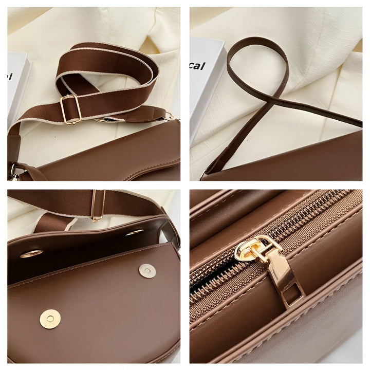 Sac à main marron avec bandoulières, fermetures éclair et magnétiques dorées., 46194067079392,46194067112160,46194067144928