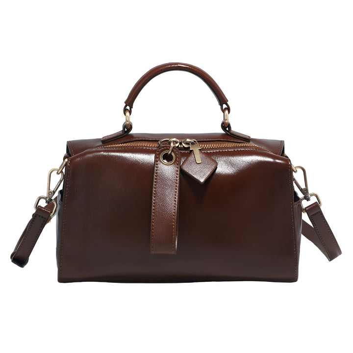 Sac à main marron en cuir verni avec poignées et bandoulière, 46193860182240,46193860215008