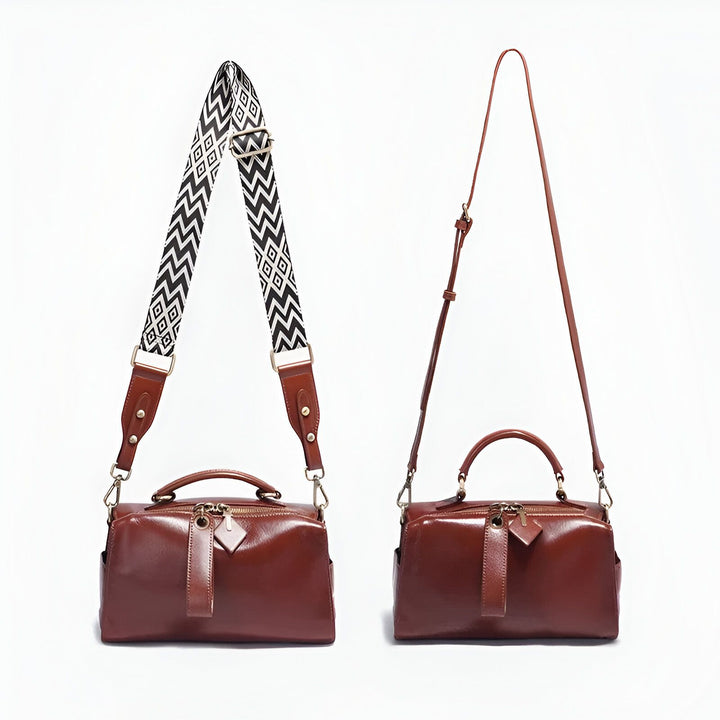 Sac en cuir marron style bowling avec deux bandoulières : large à motif et fine., 46193860182240,46193860215008