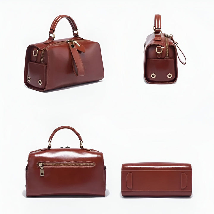 Sac bowling en cuir marron avec poignées et fermeture éclair, 46193860182240,46193860215008