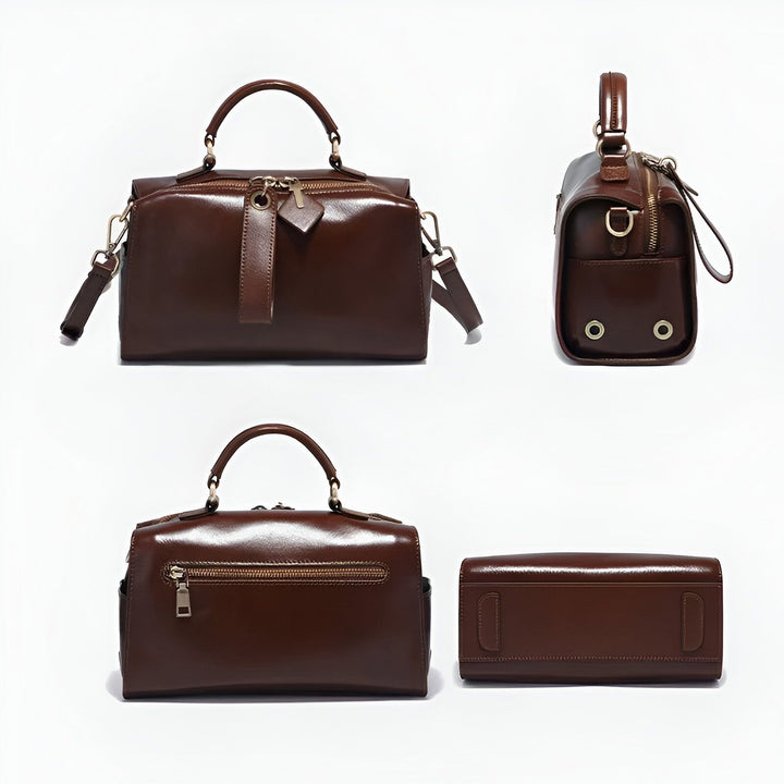 Sac à main structuré en cuir marron, vues multiples, 46193860182240,46193860215008