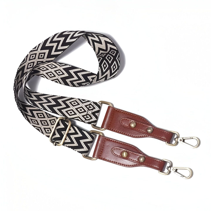Bandoulière textile noire et blanche à motifs géométriques, attaches cuir marron, 46193860182240,46193860215008