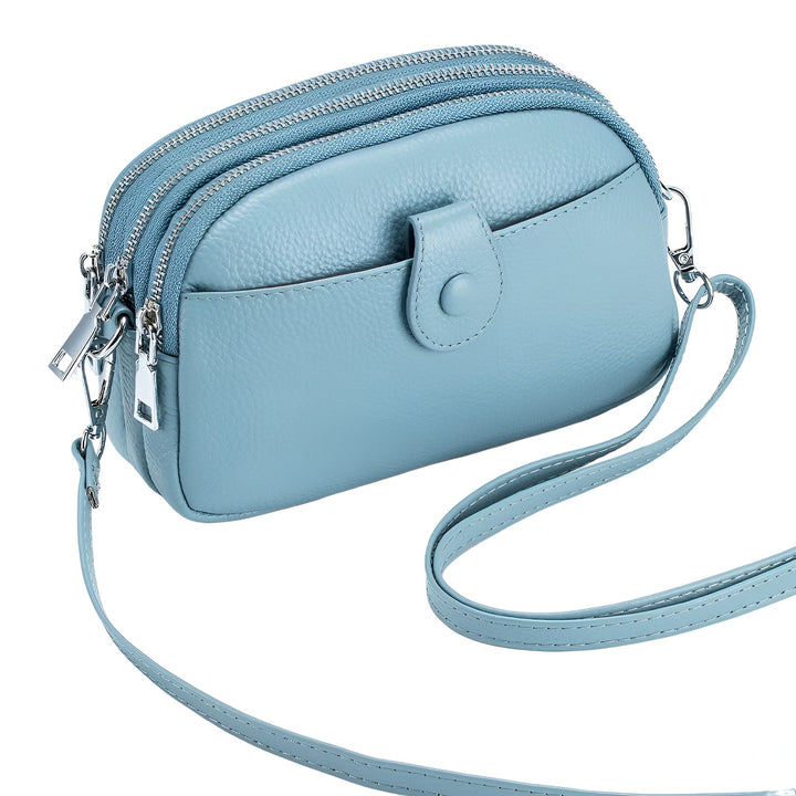 Petit sac bandoulière en cuir bleu clair à double zip et poche avant., 46194062459104,46194062491872,46194062524640,46194062557408,46194062590176