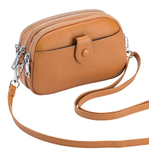 Sac bandoulière en cuir grainé camel avec plusieurs compartiments zippés, 46194062459104,46194062491872,46194062524640,46194062557408,46194062590176