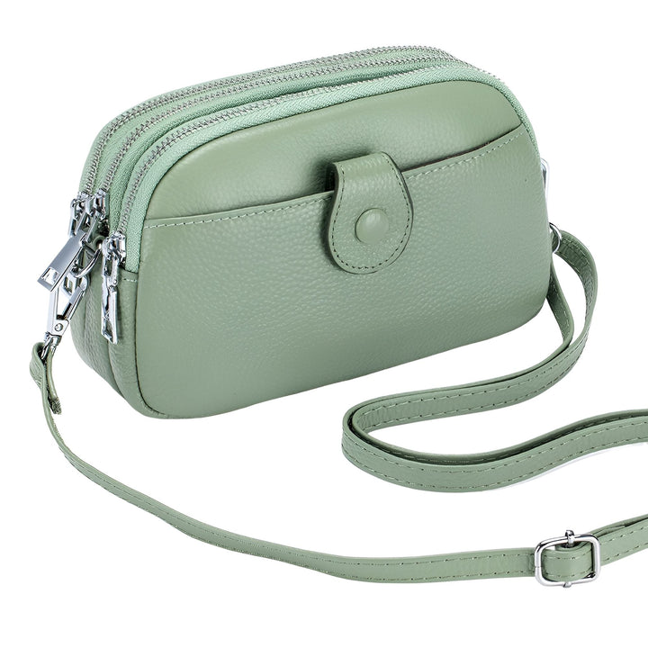 Sac à main vert clair en cuir bandoulière avec 3 compartiments zippés et poche avant à bouton., 46194062459104,46194062491872,46194062524640,46194062557408,46194062590176