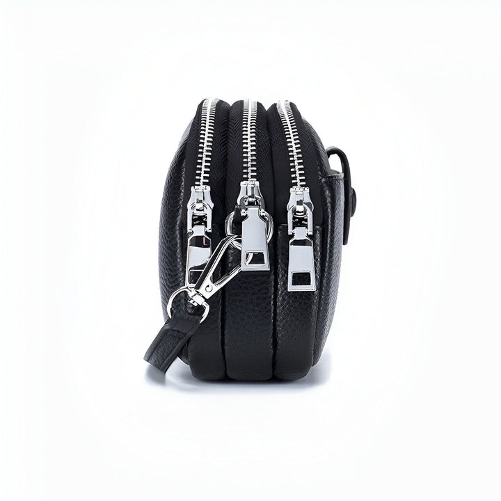 Sacoche noire en cuir grainé avec 3 zips argentés, 46194062459104,46194062491872,46194062524640,46194062557408,46194062590176