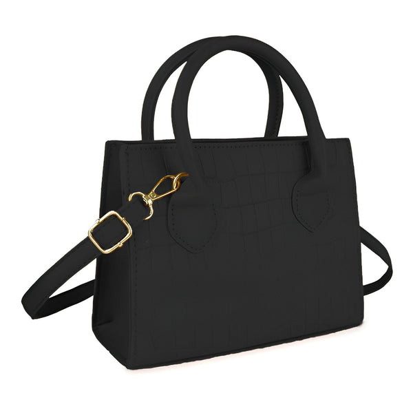 Sac à main noir en motif crocodile avec bandoulière amovible et détails dorés., 46194066030816,46194066063584