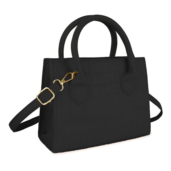 Sac à main noir en motif crocodile avec bandoulière amovible et détails dorés., 46194066030816,46194066063584