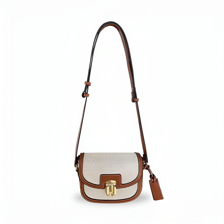 Petit sac bandoulière en toile beige et cuir marron avec fermoir doré, 46194068619488