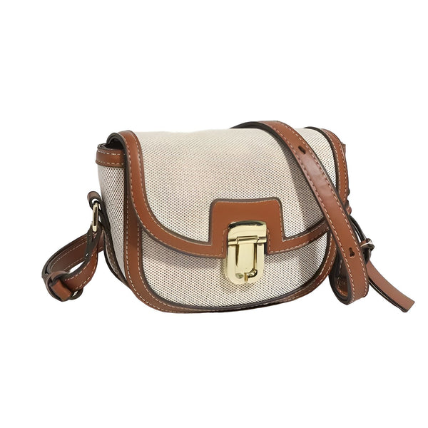 Sac bandoulière beige et marron en toile et cuir avec boucle dorée, 46194068619488