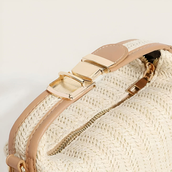 Sac tressé beige avec bordure similicuir et fermoir doré, 46194030674144
