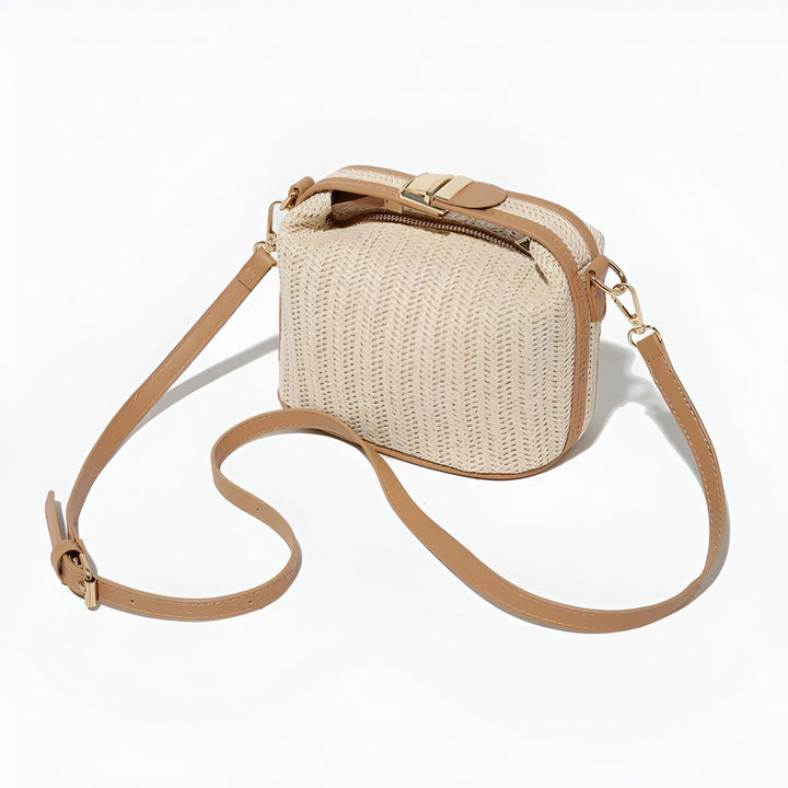 Sac bandoulière paille beige et cuir marron, zip, bandoulière réglable., 46194030674144
