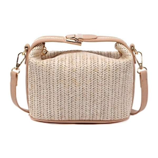 Sac à main en paille tressée beige avec anse et bandoulière amovible, 46194030674144