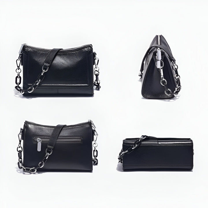 Sac bandoulière en cuir noir grainé avec chaîne., 46193868505312