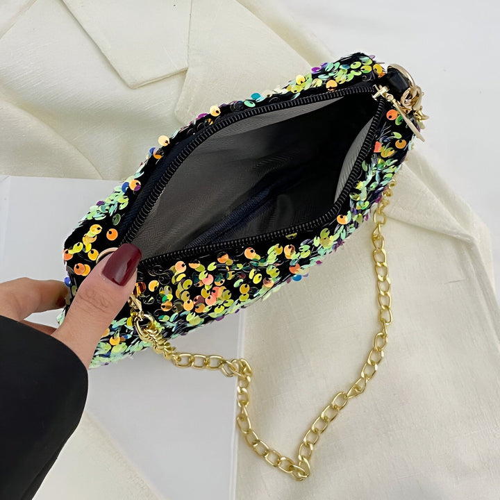 Sac pochette noir orné de paillettes multicolores avec chaîne dorée, 46194028216544,46194028249312,46194028282080,46194028314848