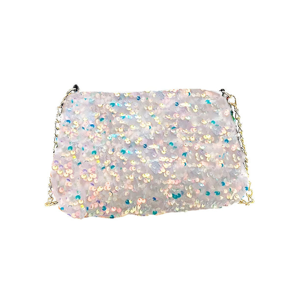 Pochette blanche recouverte de sequins irisés brillants avec chaîne dorée, 46194028216544,46194028249312,46194028282080,46194028314848