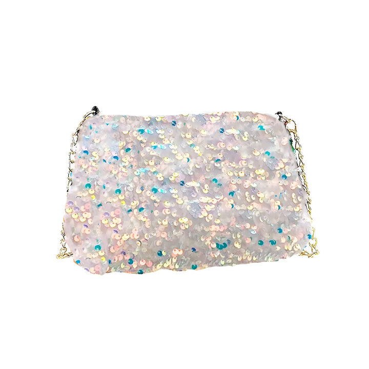 Pochette blanche recouverte de sequins irisés brillants avec chaîne dorée, 46194028216544,46194028249312,46194028282080,46194028314848