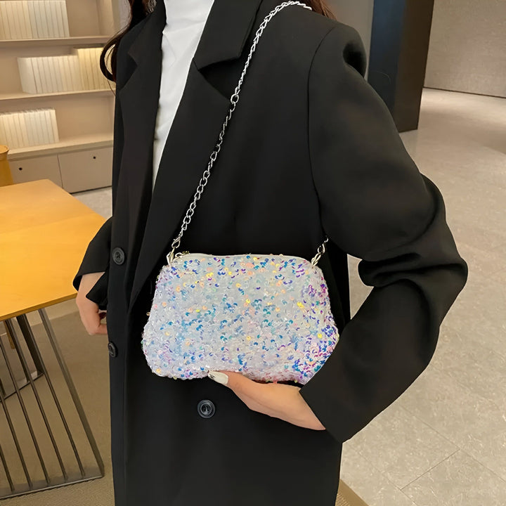 Pochette blanche à sequins irisés avec bandoulière chaîne argentée, 46194028216544,46194028249312,46194028282080,46194028314848