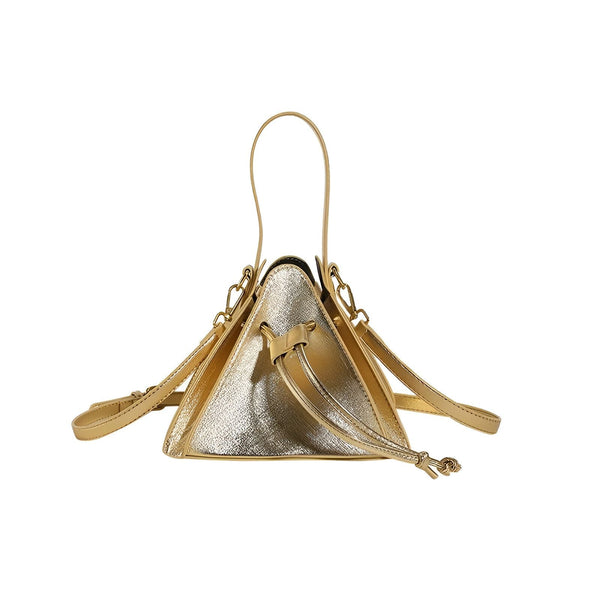 Sac à main triangulaire doré brillant avec poignée et bandoulière., 46194018320608,46194018353376,46194018386144,46194018418912,46194018451680,46194018484448