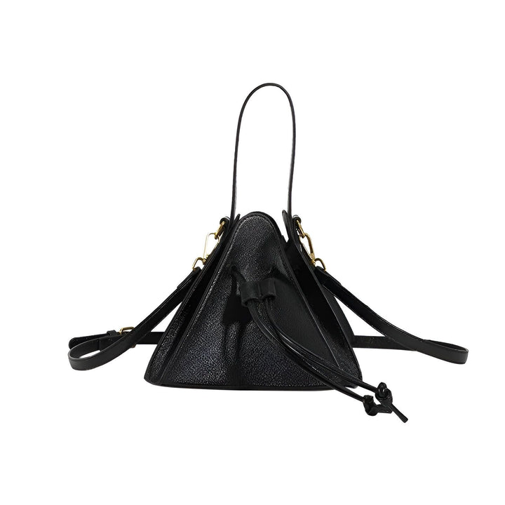 Sac à main noir en cuir forme triangulaire avec bandoulière et cordon de serrage., 46194018320608,46194018353376,46194018386144,46194018418912,46194018451680,46194018484448