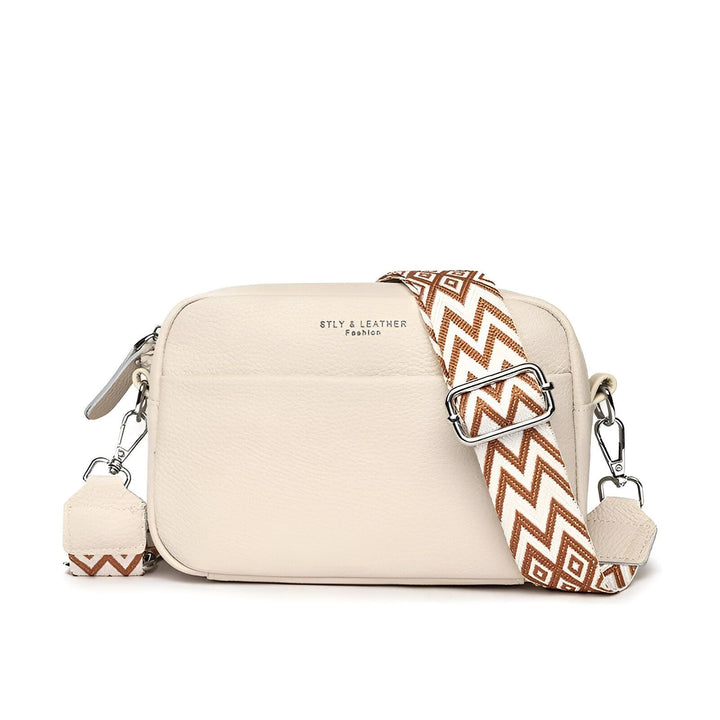 Sac bandoulière en cuir beige avec sangle motif marron et blanc., 46194065080544,46194065113312,46194065146080,46194065211616,46194065244384
