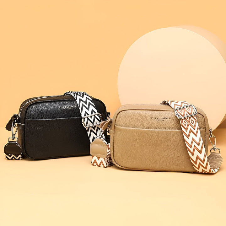 Deux sacs bandoulière en cuir noir et beige avec sangle décorée., 46194065080544,46194065113312,46194065146080,46194065211616,46194065244384