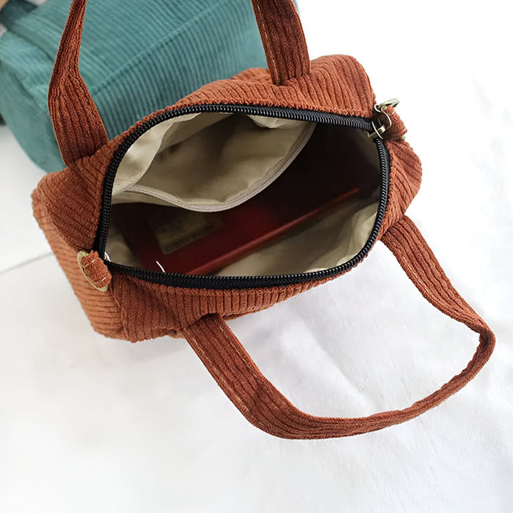Sac en velours côtelé marron ouvert avec un téléphone à l'intérieur, 46193960124640,46193960157408,46193960190176,46193960222944