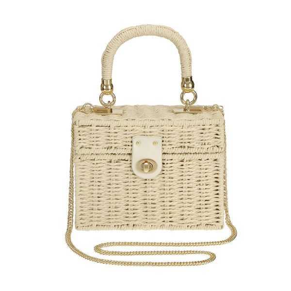 Sac à main rectangulaire en paille tressée beige avec anse, chaîne et fermoir dorés., 46193945215200,46193945247968,46193945280736
