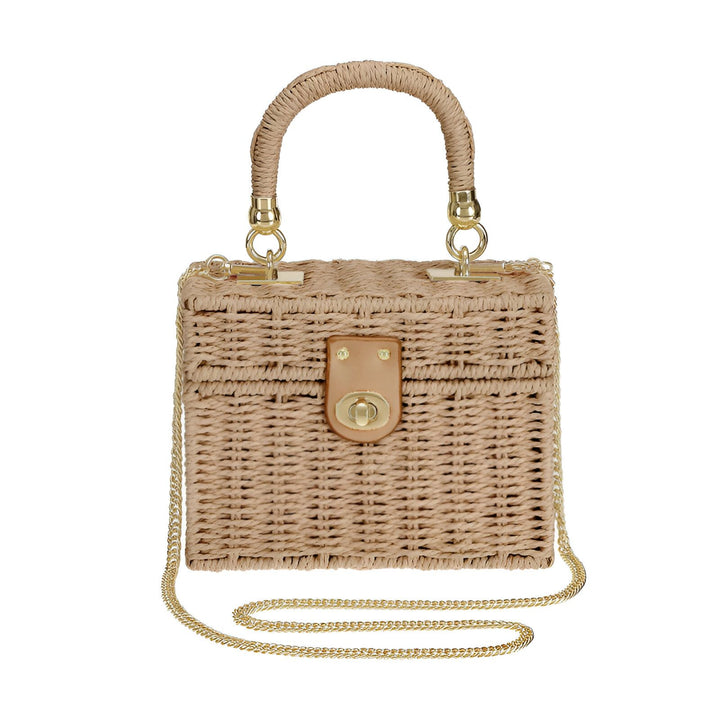 Petit sac en paille avec poignée et chaîne dorée sur fond blanc, 46193945215200,46193945247968,46193945280736